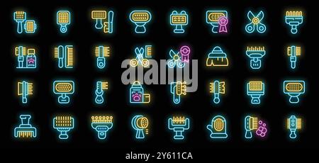 Set of colorful neon icons representing various dog grooming tools and services, perfect for pet businesses and marketing materials Stock Vector