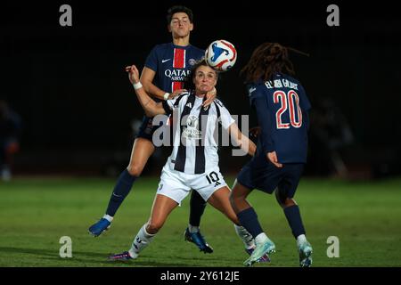 Biella, Italy. 18th Sep, 2024. Tara Elimbi Gilbert of PSG looks on as team mate Elisa De Almeida clashes with Cristiana Girelli of Juventus during the UEFA Womens Champions League match at Stadio Comunale Vittorio Pozzo Lamarmora, Biela. Picture credit should read: Jonathan Moscrop/Sportimage Credit: Sportimage Ltd/Alamy Live News Stock Photo