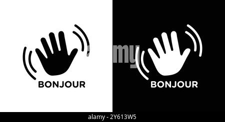 Bonjour text with hand wave icon vector logo set collection or bundle pack group Stock Vector