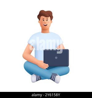 Young smiling man sitting with crossed legs, holding laptop. Freelance, studying, online education, work at home, work concept. 3d vector people chara Stock Vector