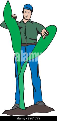 farmer collect leaves care for trees and greenery plant trees weed beds vector illustration Stock Vector