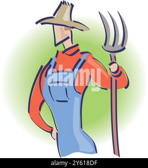 Isometric cartoon character of farmer holding a farm fork on the farm vector illustration Stock Vector