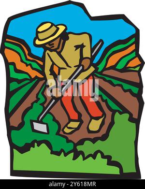 Farmer working with hoe isometric icon vector illustration Stock Vector