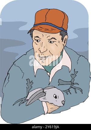 Farmer standing next to a Rabbit on the farm vector design illustration Stock Vector
