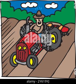 Cartoon farmer driving tractor isometric icon on white background 3d ...