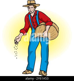 Farmer sowing wheat grains in a wheat field. Farming and agriculture cartoon flat concept illustration Isolated Stock Vector