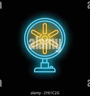 Glowing neon sign of a fan with rotating blades on a black background Stock Vector