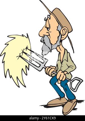 Isometric cartoon character of farmer holding a farm fork on the farm vector illustration Stock Vector