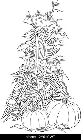 corn haystack in rectangular bundle with ropes, countryside farm agriculture haystack vector illustration Stock Vector