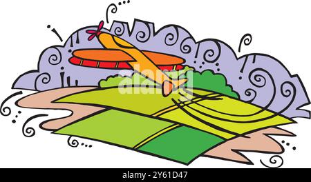 Crop duster airplane spraying a farm field Vector illustration. Stock Vector