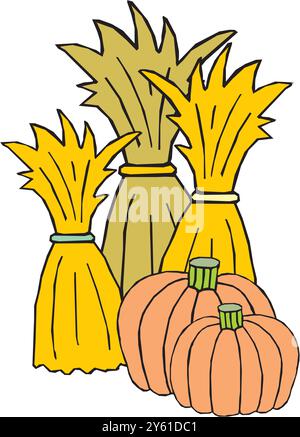 corn haystack and Pumpkins in rectangular bundle with ropes, countryside farm agriculture haystack vector illustration Stock Vector