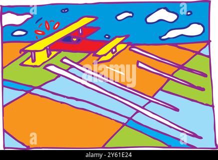 Crop duster airplane spraying a farm field Vector illustration. Stock Vector