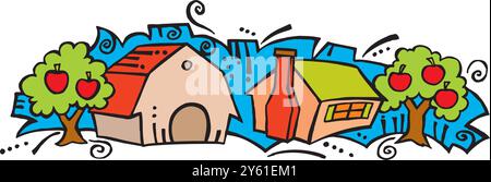 isometric farm with mills barn and silo hay fence and street lamp isolated illustration Stock Vector
