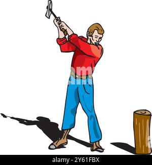 Lumberjack cutting down tree trunk with axe isometric icon 3d vector illustration Stock Vector