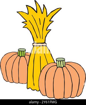 corn haystack and Pumpkins in rectangular bundle with ropes, countryside farm agriculture haystack vector illustration Stock Vector