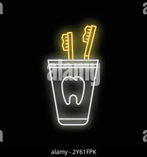 Glowing neon sign depicting good oral hygiene practices with two toothbrushes in a cup Stock Vector