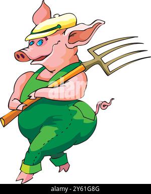 Pig farmer standing with a pitchfork on the background of hay bales. Farmer holding a pitchfork Vector illustration Stock Vector