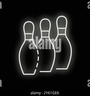 White neon sign of three bowling pins forming a triangle, isolated on a black background Stock Vector