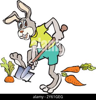 Rabbit farmer holding a shovel to plant carrots vector design illustration Stock Vector
