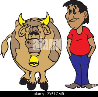 A farmer stands smiling next to a cow wearing a yellow bell vector design illustration Stock Vector