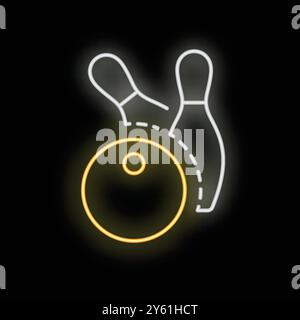 Neon sign of a bowling ball rolling towards bowling pins, a perfect design for a bowling alley or any entertainment venue Stock Vector