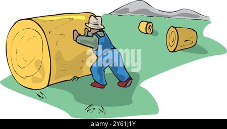 Farmer work with hay. Agriculture worker with hay pitchfork, rural ...