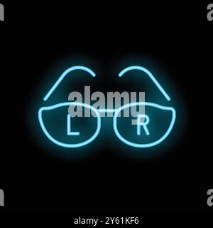 Neon blue eyeglass icon glowing on a black background, perfect for conveying concepts of vision care and optometry Stock Vector