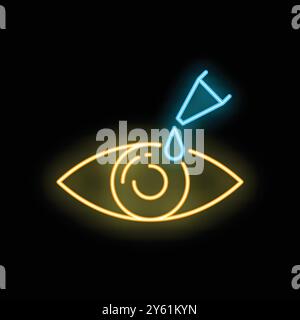 Neon style icon of a pipette putting an eye drop into an eye on black background Stock Vector
