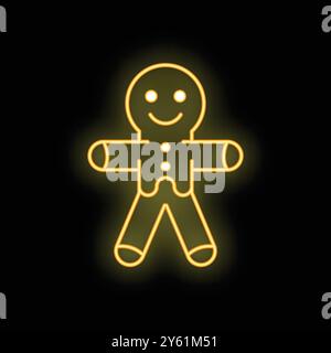 Yellow neon sign of a smiling gingerbread man on a black background Stock Vector