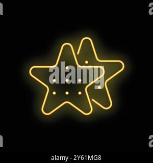 Yellow neon light is glowing behind star shaped christmas cookies on a black background Stock Vector