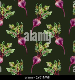 Beetroot watercolor seamless pattern. Hand drawn vector illustration on black background. Wrapping paper, textile, label, fabric, covers, wallpaper. Stock Vector
