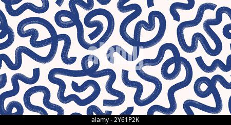 Bold line blue squiggles, loops. Grunge hand drawn ink brush strokes, elements seamless pattern. Organic curved shapes design. Stock Vector