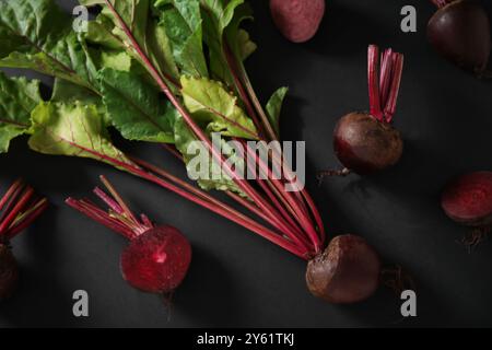 Fresh beets with green leaves on black background Stock Photo