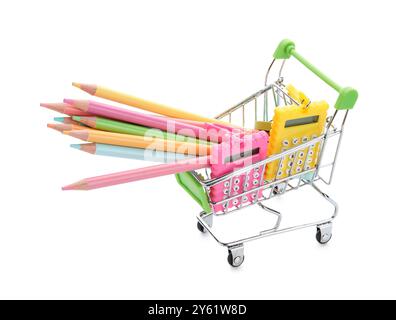 Shopping cart with school stationery on white background Stock Photo