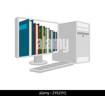 Online library. Books fly out of computer monitor. pile of books in laptop. Stock Vector