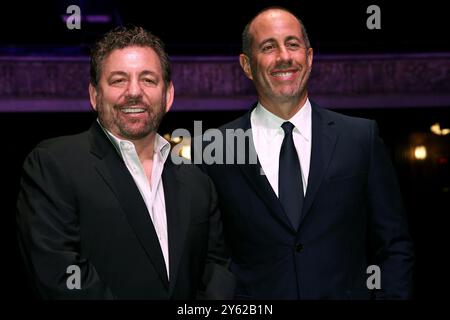 New York, NY, USA. 1 December, 2015. President and CEO of Cablevision Systems Corporation and Executive Chairman of The Madison Square Garden Company, James L. Dolan, Comedian, Jerry Seinfeld at the Madison Square Garden Company Special Announcement at The Beacon Theatre. Credit: Steve Mack/Alamy Stock Photo