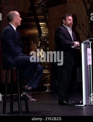 New York, NY, USA. 1 December, 2015. Comedian, Jerry Seinfeld, President and CEO of Cablevision Systems Corporation and Executive Chairman of The Madison Square Garden Company, James L. Dolan at the Madison Square Garden Company Special Announcement at The Beacon Theatre. Credit: Steve Mack/Alamy Stock Photo