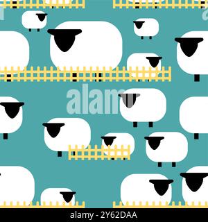 Sheep in pen pattern seamless. Sheep and fence background Stock Vector
