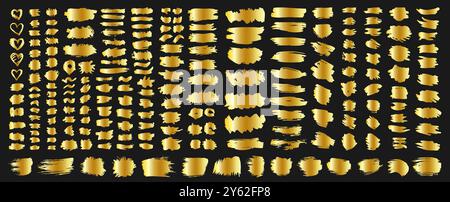 Set of gold paint, ink brush strokes, brushes, lines. Dirty artistic design elements, boxes, frames for text. Vector illustration Stock Vector