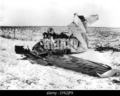 Clear Lake Iowa - Buddy Holly and two other rock 'n' roll singers died in the wreckage of this single engine Bonanza aircraft which crashed early February 3rd 1959 when the stars were trying to make a fast jump between dates on a tour of mid west cities  The plane came down in a snow covered field a few minutes after take off  Other singers who died were Ritchie Valens 17 with J P Richardson 26 and the  pilot Roger Peterson also died Stock Photo