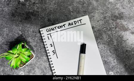 Concept of Content Audit write on book. Supported by an additional services isolated on Wooden Table. Stock Photo