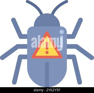 Stylized computer bug is showing a warning sign on a screen, a possible security breach Stock Vector