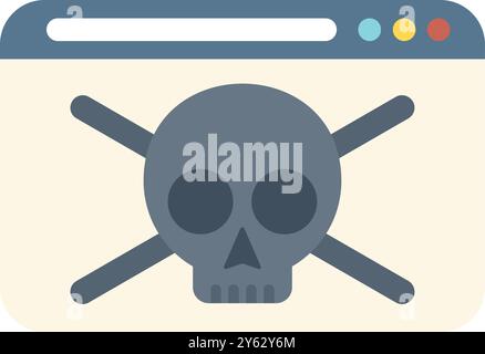 Simple flat illustration of a browser window displaying a skull and crossbones warning sign, suggesting a malware infection or cyber threat Stock Vector