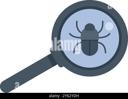 Magnifying glass is analyzing a computer bug, searching for viruses and malware Stock Vector