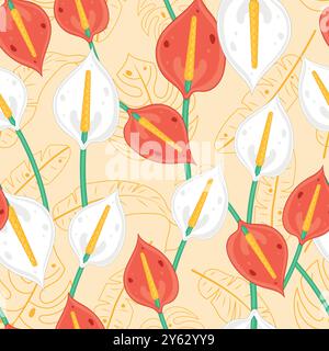 Anthurium flowers with tropical leaves seamless pattern Vector Stock Vector