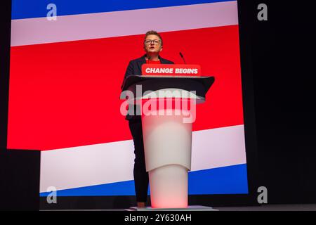 Liverpool, UK. 23 SEP, 2024.  Bev Craig, Leader of Manchester City Council speaks at the Labour Party Conference. Credit Milo Chandler/Alamy Live News Stock Photo
