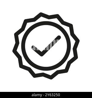 Approval badge icon. Quality check symbol. Verified seal vector. Black outline emblem. Stock Vector