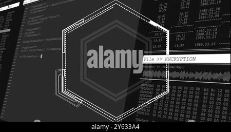 File encryption text image over hexagonal shapes and binary code background Stock Photo