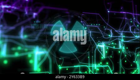 Radiation hazard symbol image over digital network and data processing visualization Stock Photo