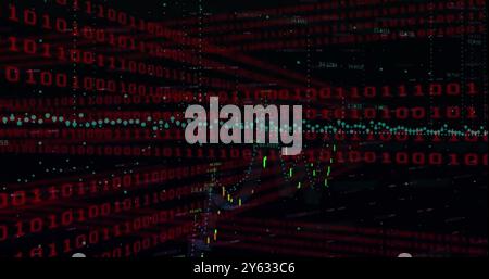 Image of binary coding data processing over grid on dark background Stock Photo